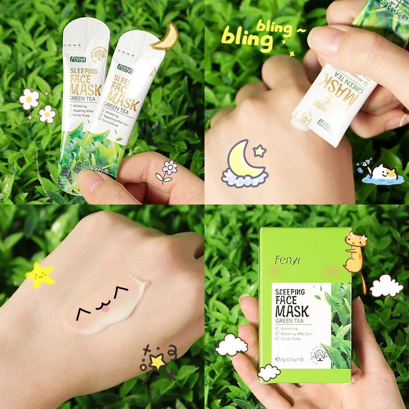 20Pcs Green Tea Sleeping Mask Moisturizing Hydrating Centella Oil Control Smoothing Skincare Disposable Facial Mask